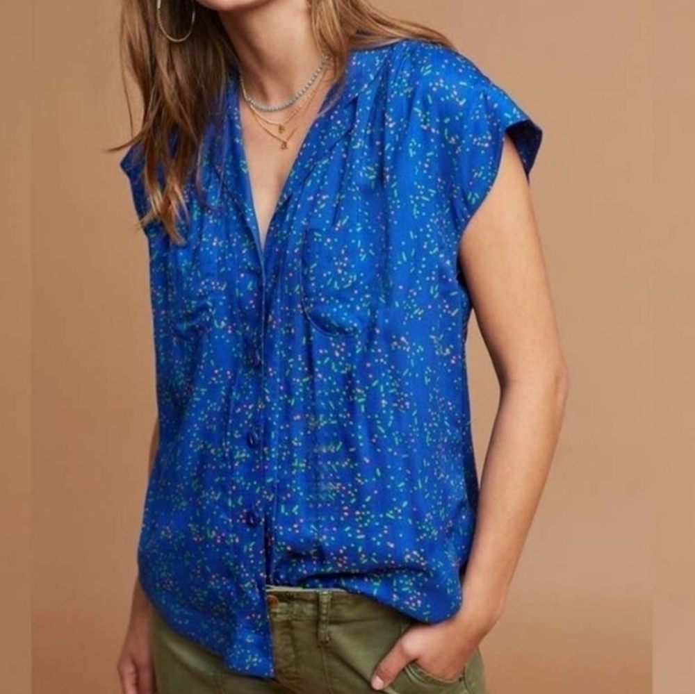 Anthropologie Maeve Blue Confetti Button-Down Blouse XS